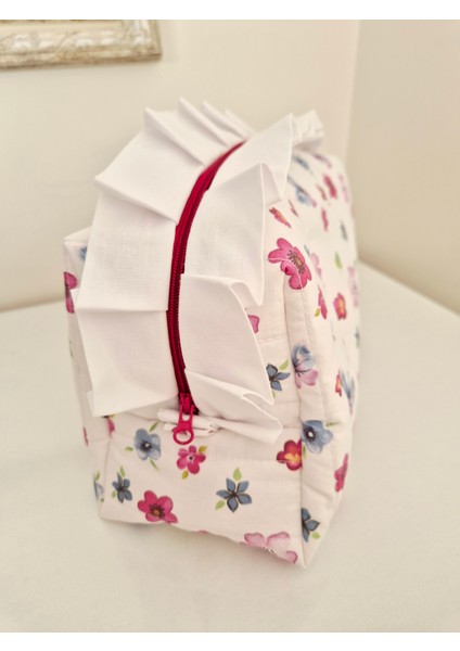 Kapitoneli Beyaz Fırfırlı Makyaj Çantası – Mavi,pembe Çiçekli %100 Pamuk, Büyük Boy Seyahat Organizer indirimleri