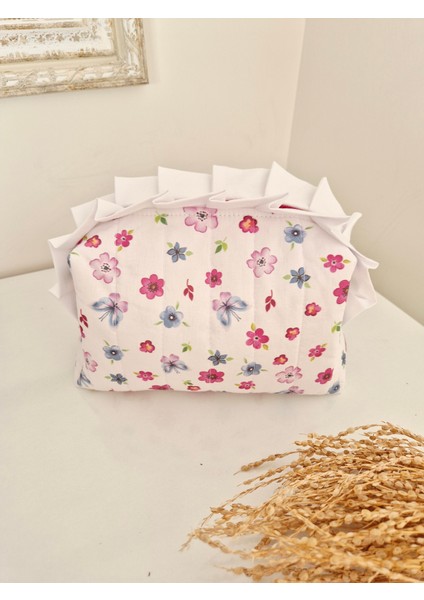 Kapitoneli Beyaz Fırfırlı Makyaj Çantası – Mavi,pembe Çiçekli %100 Pamuk, Büyük Boy Seyahat Organizer