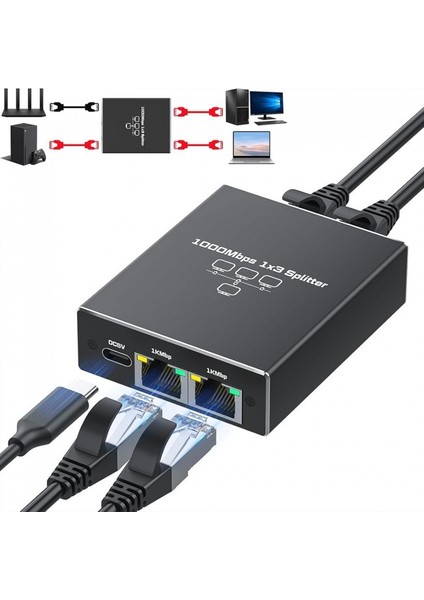 Ethernet Çoklayıcı Splitter 1 Giriş 3 Çıkış RJ45 Gigabit 1000 Mbps fırsatları