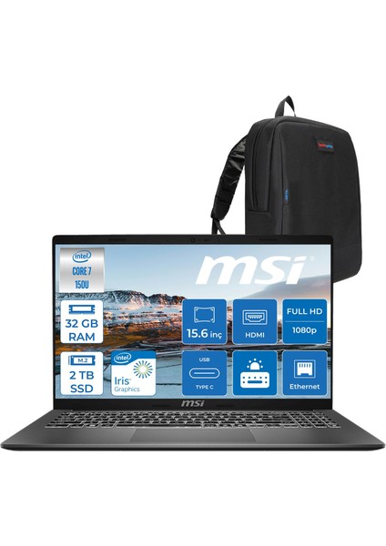 Msı Modern 15 Intel Core 7 150U 32GB 2tb SSD Intel® Graphics Freedos 15.6" IPS Fullhd (1920X1080) Taşınabilir Bilgisayar F1MG632XTRF19 + Zetta Çanta