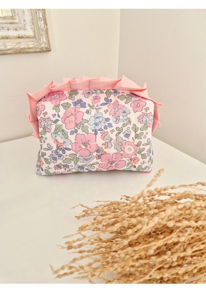 Pembe Çiçekli Makyaj Çantası – Pileli Fırfırlı , %100 Pamuklu Kapitoneli , Büyük Boy Organizer Çanta fırsatları