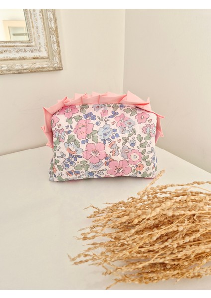 Pembe Çiçekli Makyaj Çantası – Pileli Fırfırlı , %100 Pamuklu Kapitoneli , Büyük Boy Organizer Çanta