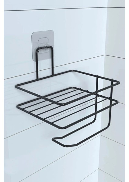 Bfs Kendiliğinden Yapışkanlı Tuvalet Kağıdı Tutacağı ve Yedek Raf - Siyah Modern Metal Tasarım