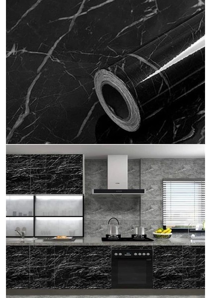 Bfs Mermer Desenli Masa Tezgah Mutfak Su Geçirmez Yapışkanlı Folyo Sticker Siyah 5x0,6m