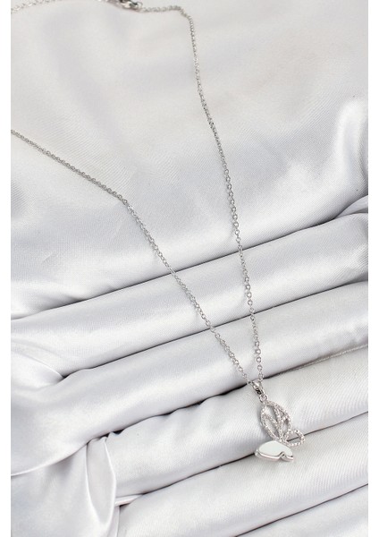 Bfs 316L Çelik Zirkon Taşlı Kelebek Model Gümüş Renk Kadın Kolye fiyatları