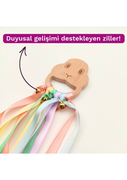 Montessori Duyusal Kurdeleli Halka Seti | 0-12 Ay Bebekler Için Ahşap, Kurdele ve Çıngıraklı Eğitici Oyuncak
