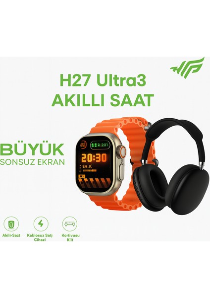 H27 Ultra3 Akıllı Saat + Siyah Bluetooth Kulaklık – Hediyelik Özel Paket