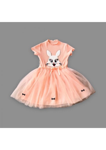 Zarif Pudra Renkli Payetli Kız Elbisesi