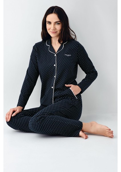 Kadın Mevsimlik Uzunkol Gömlek Yaka Lacivert Pijama Takım, %50 Pamuk %50 Modal modelleri