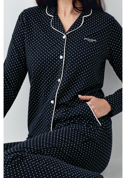 Kadın Mevsimlik Uzunkol Gömlek Yaka Lacivert Pijama Takım, %50 Pamuk %50 Modal fırsatları