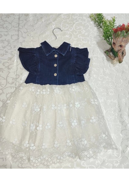 Zarif Mavi Brode Detaylı Kız Çocuk Elbisesi