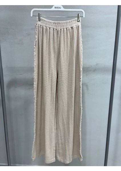 Beli Lastikli Geniş Paça Yanları Püsküllü Dokuma Pantolon Bej modelleri