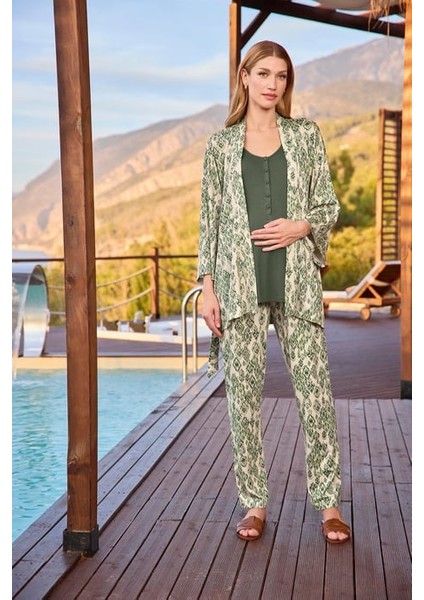 Monamise Etnik Desenli ve Dantelli Hamile Lohusa 3'lü Pijama Takımı modelleri