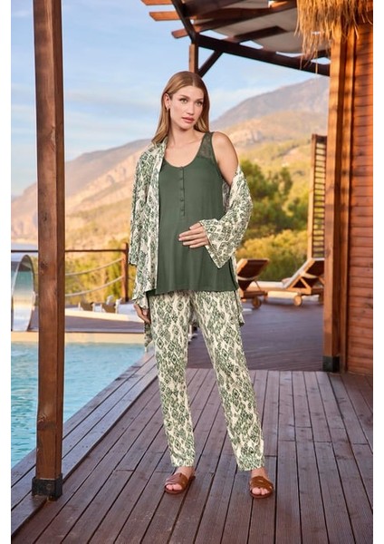 Monamise Etnik Desenli ve Dantelli Hamile Lohusa 3'lü Pijama Takımı fırsatları
