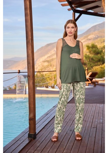 Monamise Etnik Desenli ve Dantelli Hamile Lohusa 3'lü Pijama Takımı