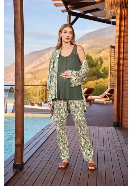 Monamise Etnik Desenli ve Dantelli Hamile Lohusa 3'lü Pijama Takımı