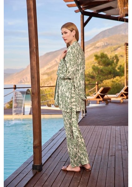 Monamise Etnik Desenli ve Dantelli Hamile Lohusa 3'lü Pijama Takımı