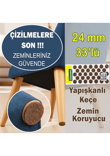 Yapışkanlı Yuvarlak Keçe Masa Sandalye Parke Zemin Ayak Koruyucu Kaydırmaz Keçesi 24 mm (33'lü Paket)