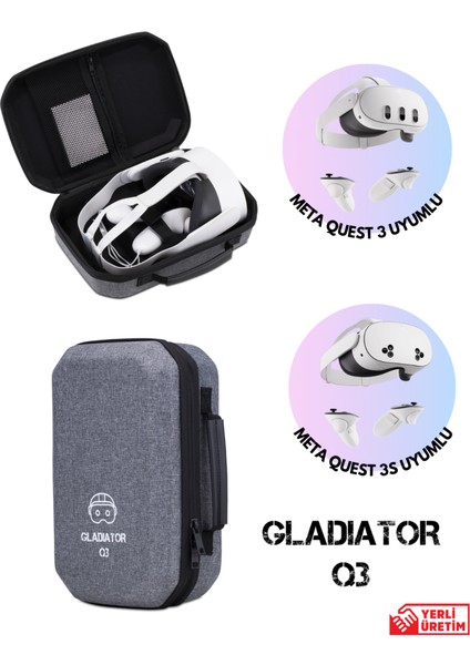 Gladiator Q3 Gri Meta Quest 3 Çantası Quest 3 ve 3s Uyumlu Özel Çanta