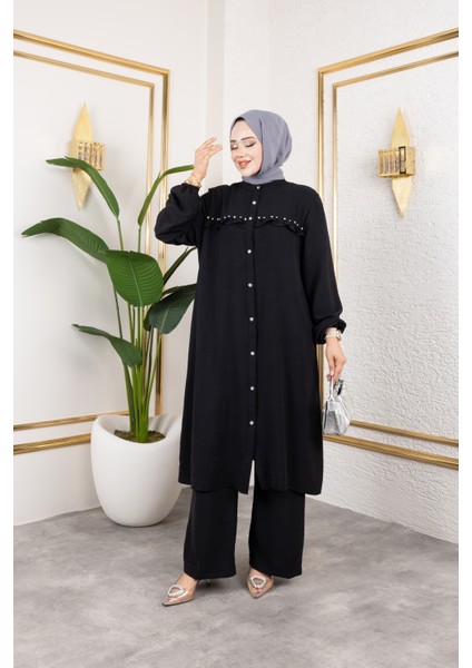 Ayrobin Kumaş Inci Detaylı Takım / T112 - Siyah
