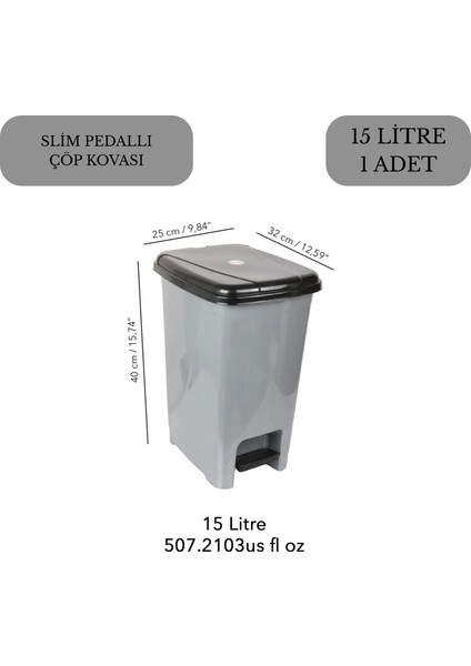 Slim Pedallı Plastik Çöp Kovası Siyah Kapaklı 15 Lt