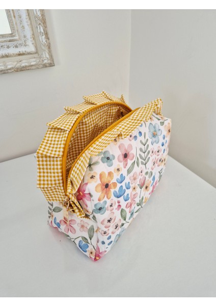 Büyük Çiçekli Makyaj Çantası – Sarı Fırfırlı Büyük Boy , Kapitoneli Pamuklu Seyahat Organizer modelleri