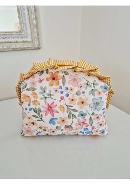 Büyük Çiçekli Makyaj Çantası – Sarı Fırfırlı Büyük Boy , Kapitoneli Pamuklu Seyahat Organizer fırsatları