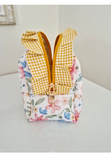 Büyük Çiçekli Makyaj Çantası – Sarı Fırfırlı Büyük Boy , Kapitoneli Pamuklu Seyahat Organizer indirimleri