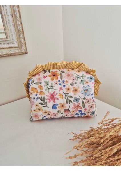 Büyük Çiçekli Makyaj Çantası – Sarı Fırfırlı Büyük Boy , Kapitoneli Pamuklu Seyahat Organizer