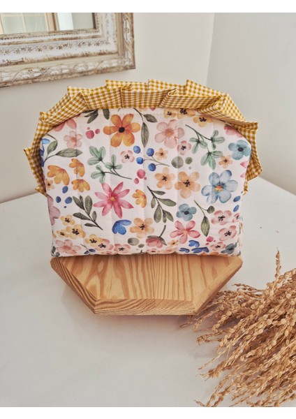 Büyük Çiçekli Makyaj Çantası – Sarı Fırfırlı Büyük Boy , Kapitoneli Pamuklu Seyahat Organizer