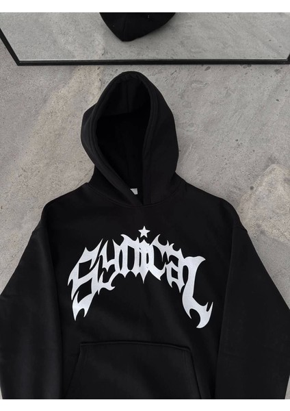Kışlık Kapşonlu Baskılı Oversize Sweatshirt- Siyah fiyatları