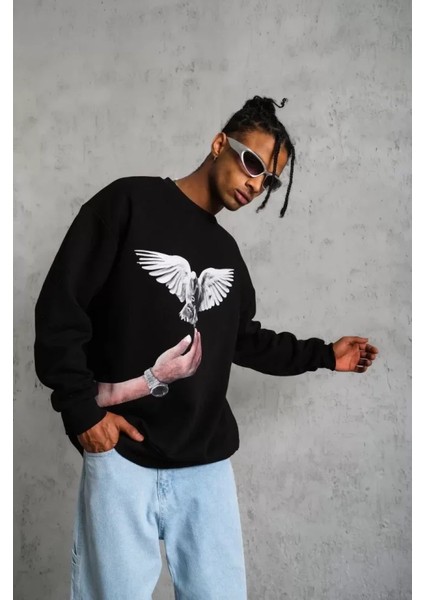 Erkek Güvercin Baskılı Sweatshirt - Siyah fırsatları