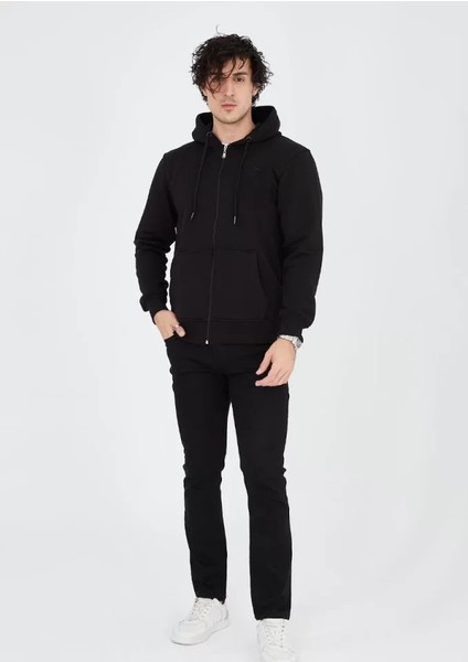 Unisex Tam Fermuarlı Kapşonlu Sweatshirt - Siyah modelleri