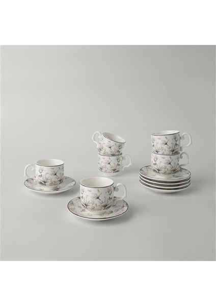 Milio Porselen 6'lı 90 ml Kahve Fincan Takımı Siyah Beyaz Gold Detaylı