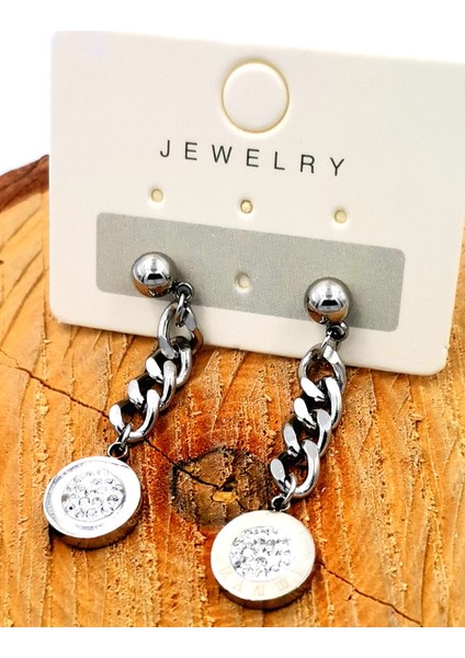 Zirkon Taşlı Lüks Çelik Küpe