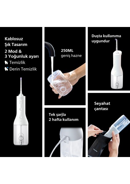 Sonicare Power Flosser 3000 Ağız Duşu Kablosuz, Yedek Başlık Hediyeli - Beyaz HX3826/31 modelleri