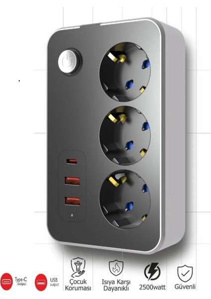Termal Akım Korumalı USB 2.1A Şarj Çıkışlı 10A 2500W 3'Lü Uzatma Grup Priz fırsatları