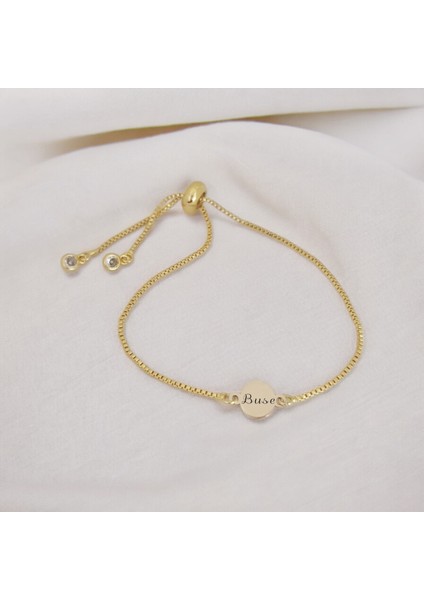 14 Ayar Altın Plakalı Buse Ismine Özel Zincirli Yuvarlak Motifli Hediye BILEKLIK-417ISIM