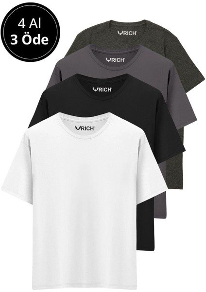 Erkek 4 Lü Paket %100 Pamuk Oversize Tişört Basic Bisiklet Yaka Kısa Kollu T-Shirt