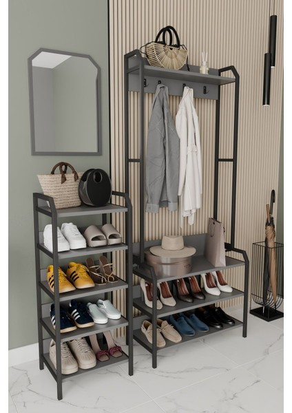 Plüton Portmanto Askılık Vestiyer Konfeksiyon Askısı Ayakkabılık Dolabı-Antrasit