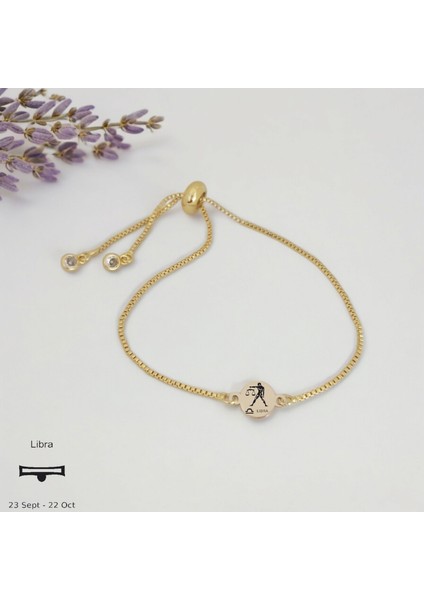14 Ayar Altın Plakalı Terazi Burçlarına Özel Zincirli Yuvarlak Motifli Hediye BILEKLIK-417BURÇ