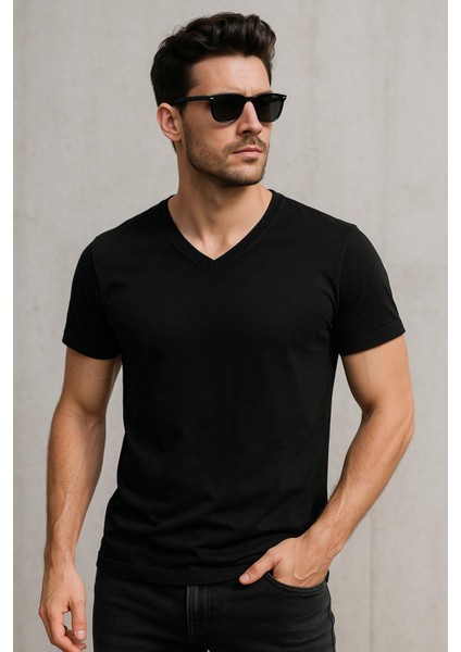 Erkek V Yaka %100 Pamuk Kısa Kollu Siyah T-Shirt Tişört