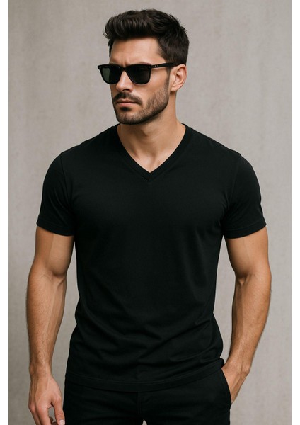 Erkek V Yaka %100 Pamuk Kısa Kollu Siyah T-Shirt Tişört modelleri