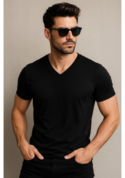 Erkek V Yaka %100 Pamuk Kısa Kollu Siyah T-Shirt Tişört fırsatları