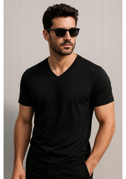 Erkek V Yaka %100 Pamuk Kısa Kollu Siyah T-Shirt Tişört indirimleri