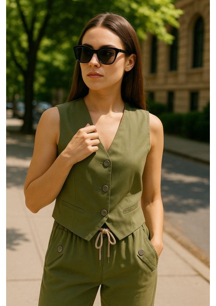 Kadın Keten Yelek – Düğmeli, Astarsız, V Yaka Yazlık Şık Yelek | Doğal Kumaş Rahat Kalıp fiyatları