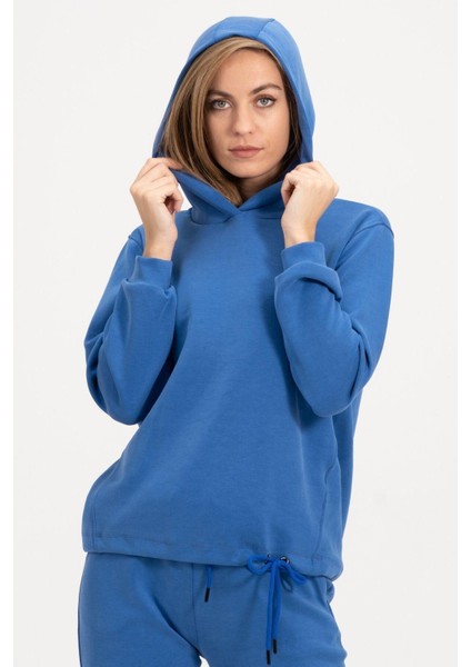 Kadın Kapüşonlu Mavi Sweatshirt ve Eşofman Takımı Scuba Kumaşı