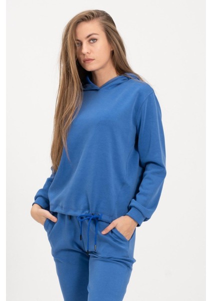 Kadın Kapüşonlu Mavi Sweatshirt ve Eşofman Takımı Scuba Kumaşı indirimleri