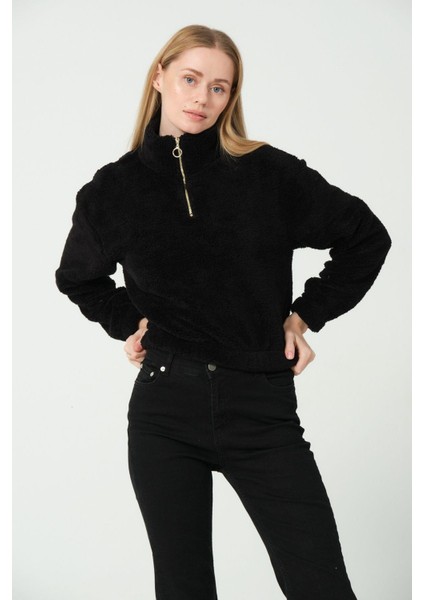 Kadın Peluş Yarım Fermuarlı Polar Mont