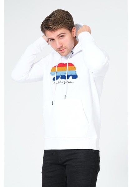 Süzene Nakış Ayı Baskılı Kapüşonlu Beyaz Sweatshirt Polarlı